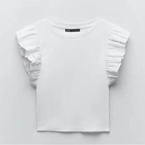 ZARA White Ruffle Sleeve Top Basic Cropped Ribbed Knit Blouse Size Medium EUC